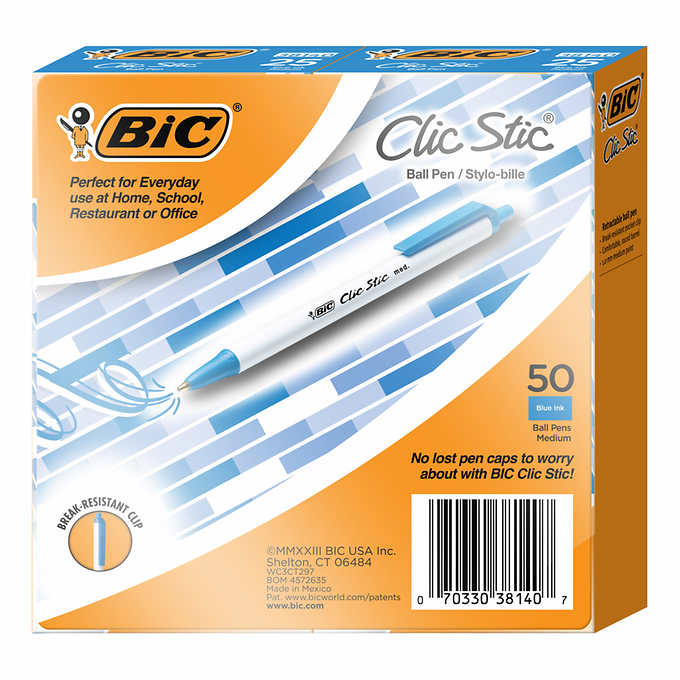 BIC Clic Stic Retractable Ballpoint Pen, Medium Point 1.0mm, 50 ct