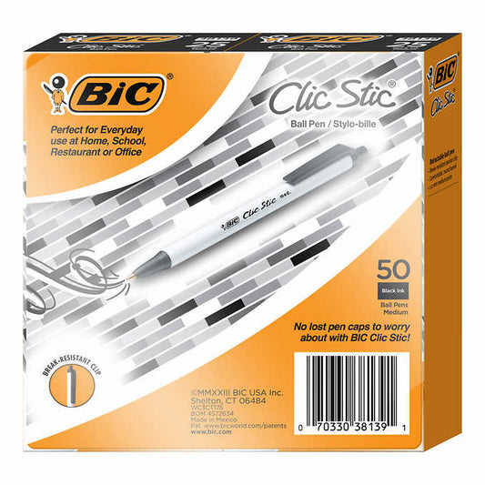 BIC Clic Stic Retractable Ballpoint Pen, Medium Point 1.0mm, 50 ct