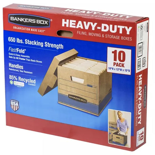 Bankers Box Heavy Duty Storage Boxes, 10" x 12" x 15" (10 Pack), Kraft Brown