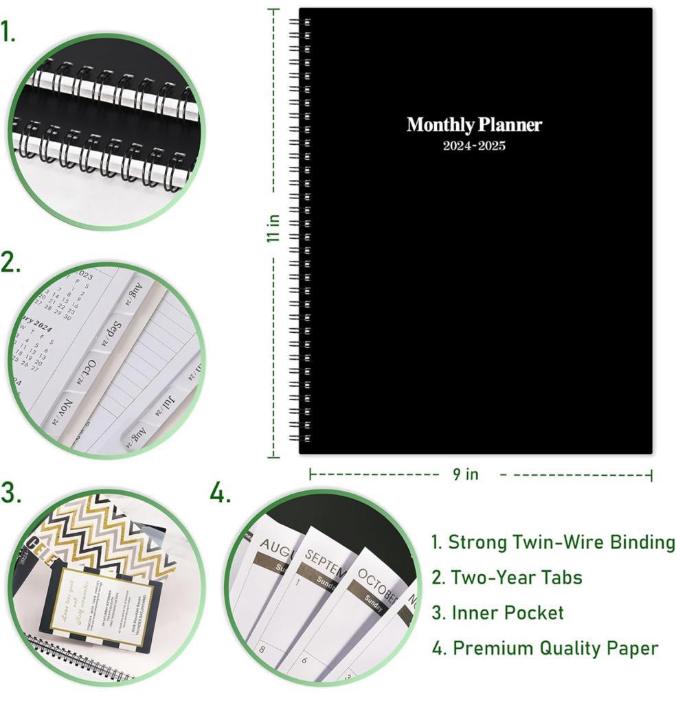 2024-2025 Monthly Planner - Monthly Calendar 2024-2025 with Two-Side Pocket, January 2024 - December 2025, 9" x 11", Two Years Monthly Planner, Cardboard Cover, Perfect Organizer