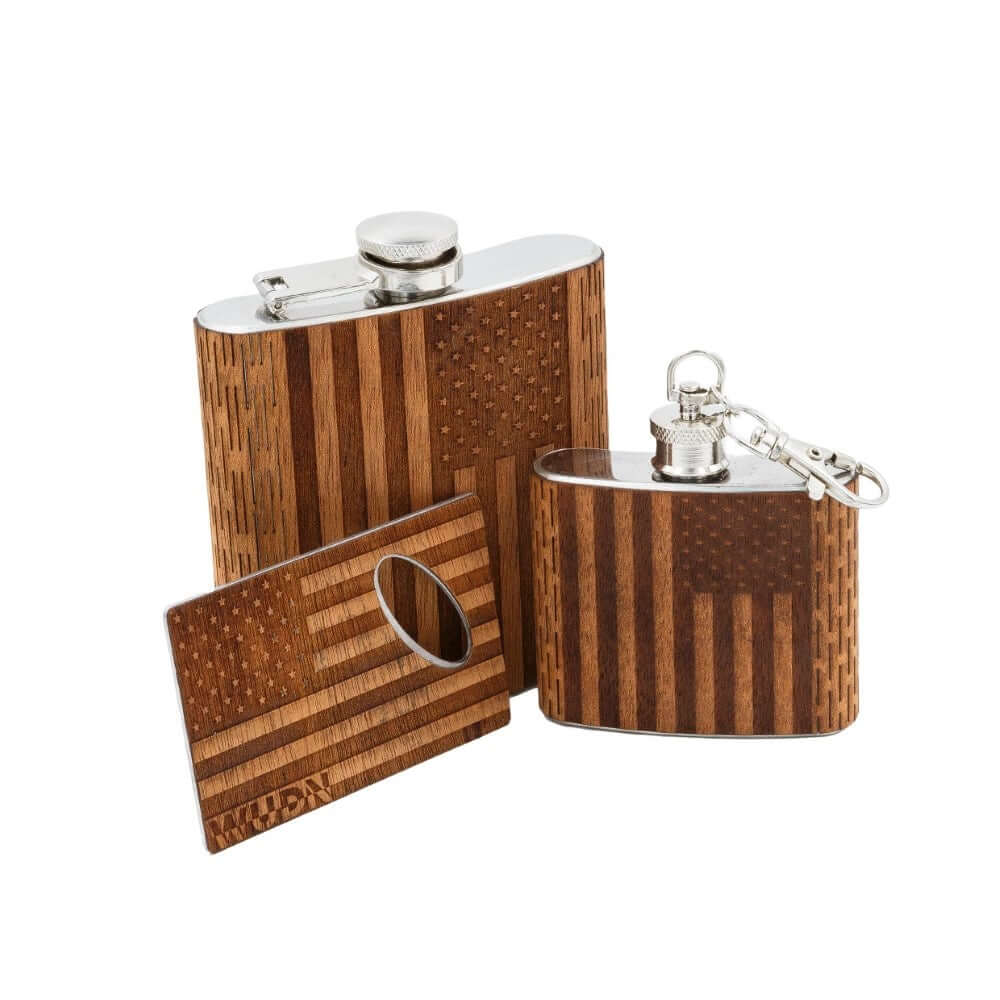 3-Piece Wooden Flask Set (6 oz. Hip Flask, 2 oz. Keychain Flask, Credit Card Bottle Opener)