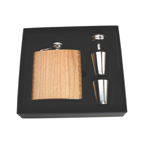 Real Wooden 6 oz. Hip Flask in Premium Gift Box with Shot Glasses & Funnel