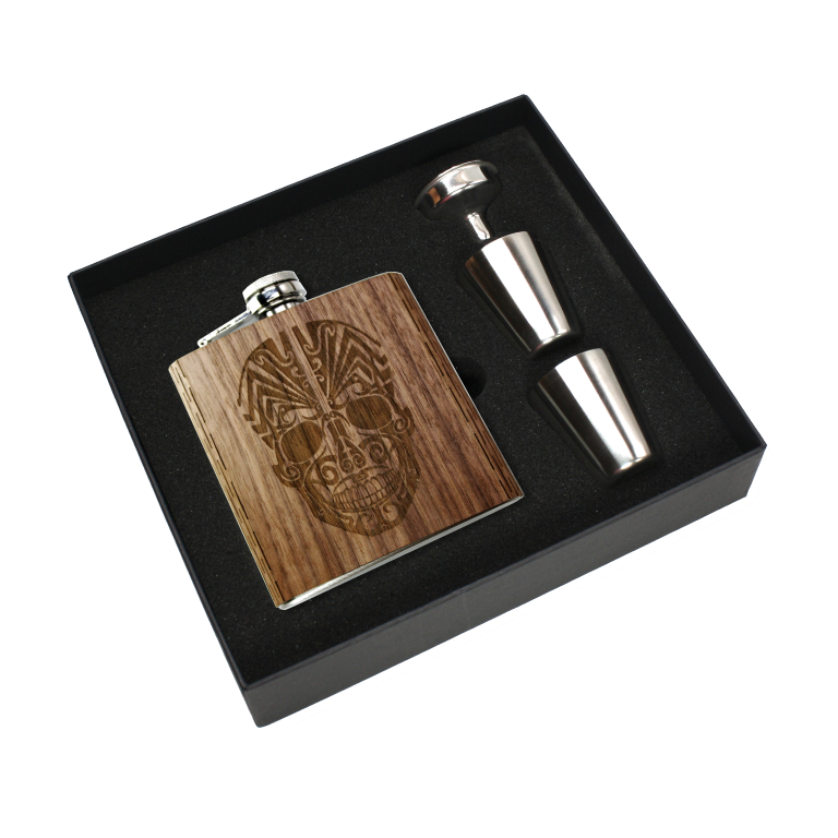 Real Wooden 6 oz. Hip Flask in Premium Gift Box with Shot Glasses & Funnel